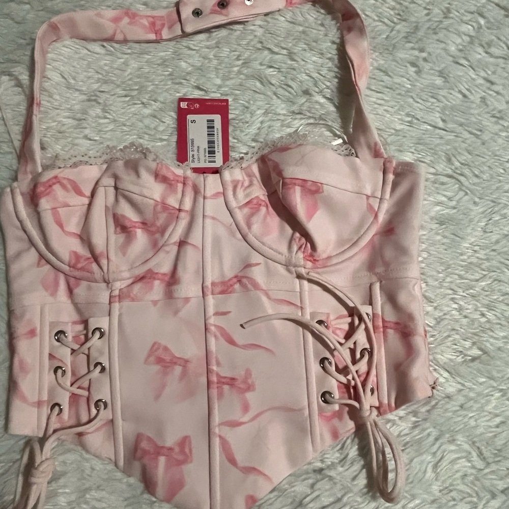 EDIKTED Pink Bow Print Lace Up Halter Corset Style Crop Top Size S - Picture 3 of 13